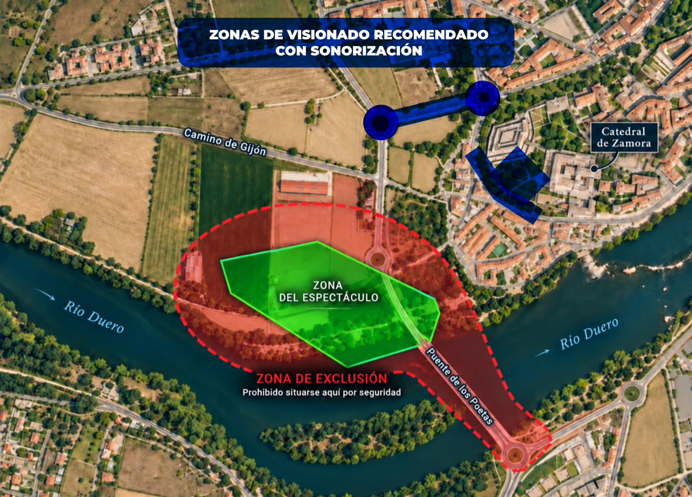 Mapa con los puntos recomendados para ver el espectáculo de drones en Zamora