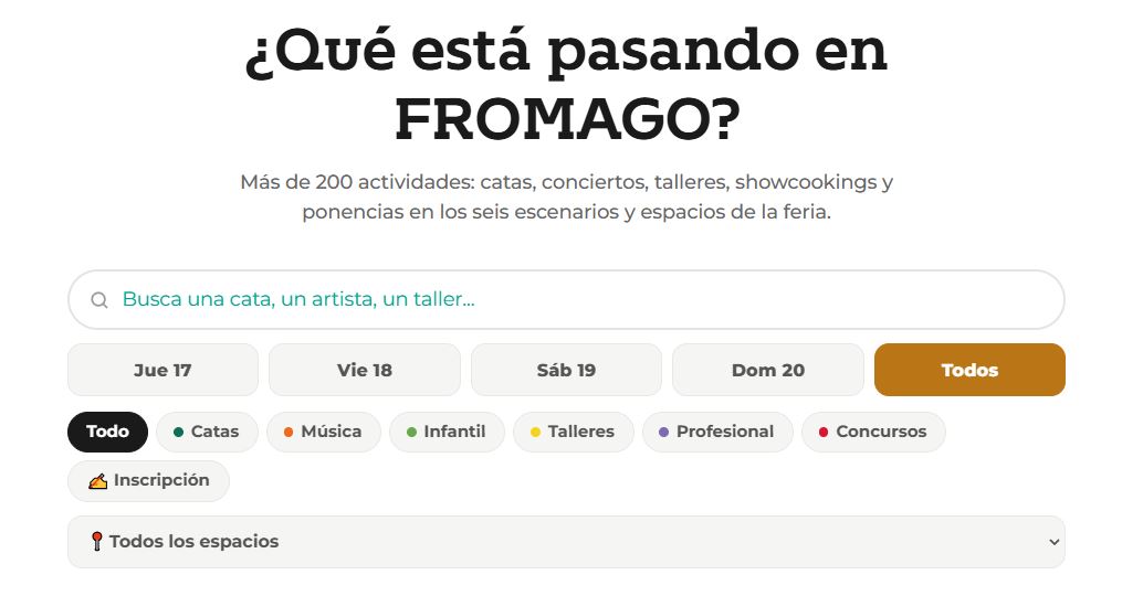 Buscador de actividades de FROMAGO 2026 con filtros por día y categoría